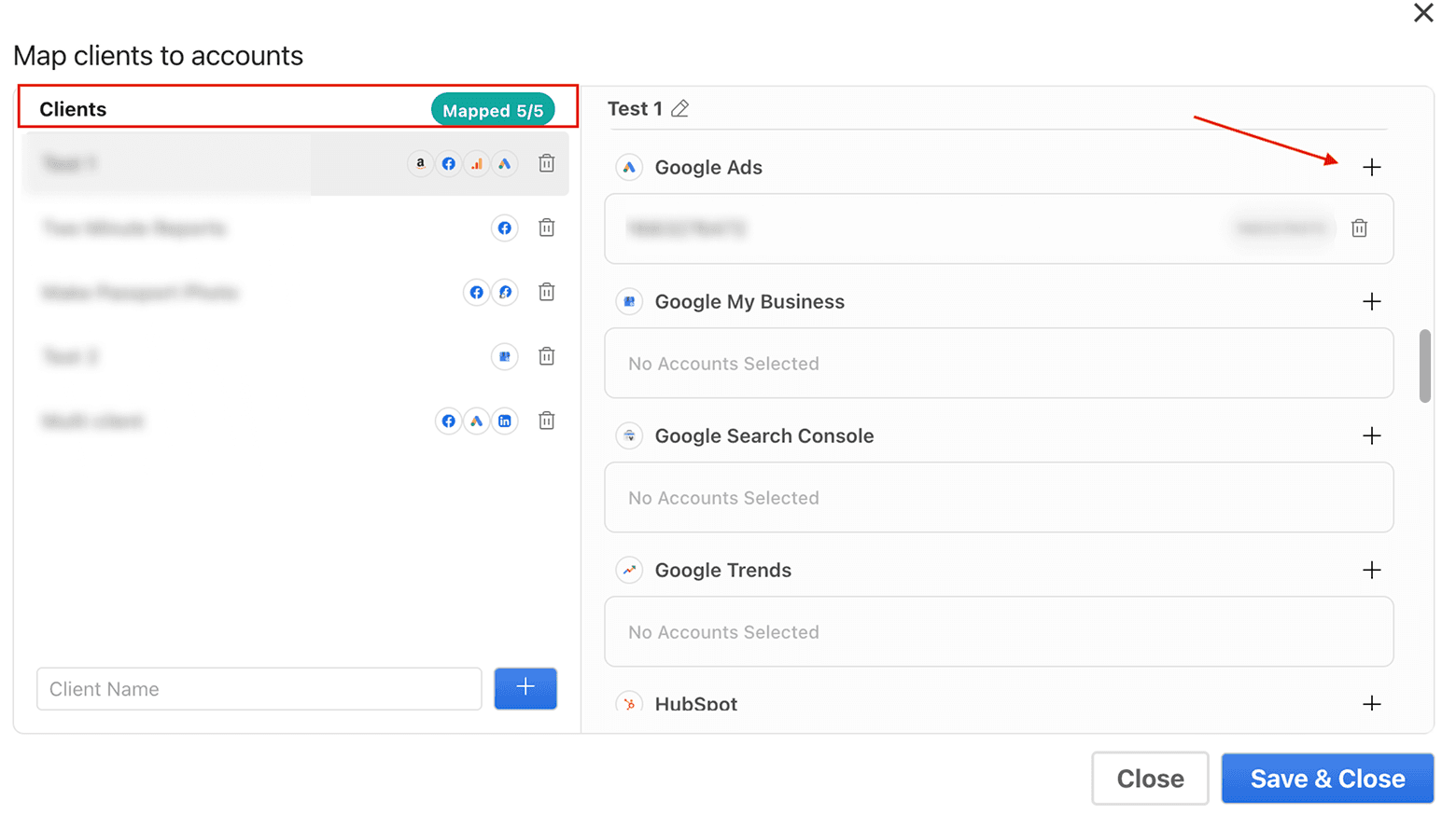 Map client Google ad accounts to Google Sheets