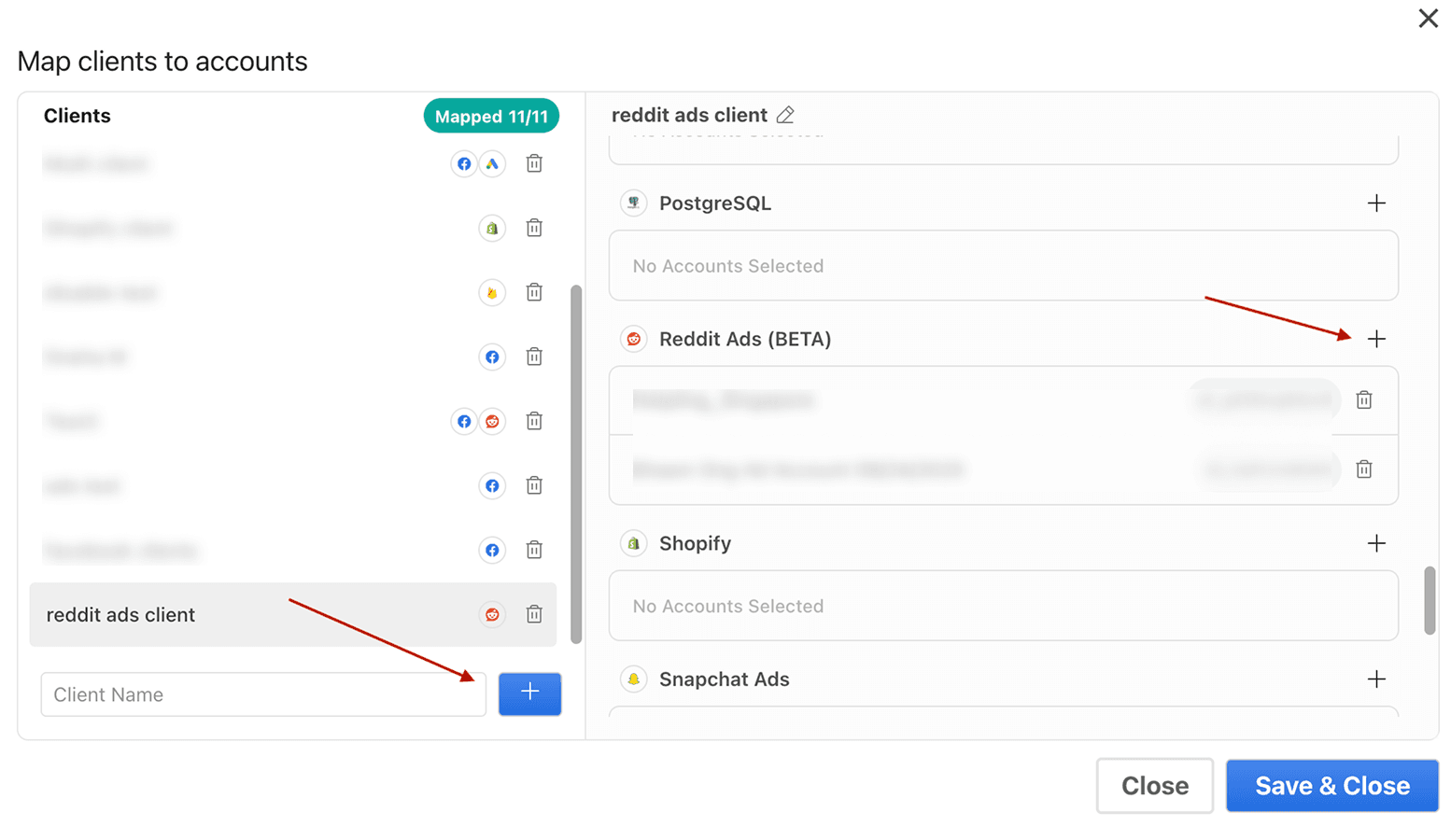 Click the + icon, add your client name and map the corresponding Reddit ad accounts in Google Sheets