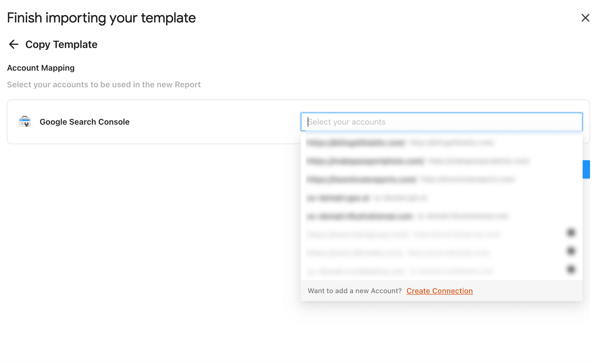 Choose the GSC accounts to import to the template