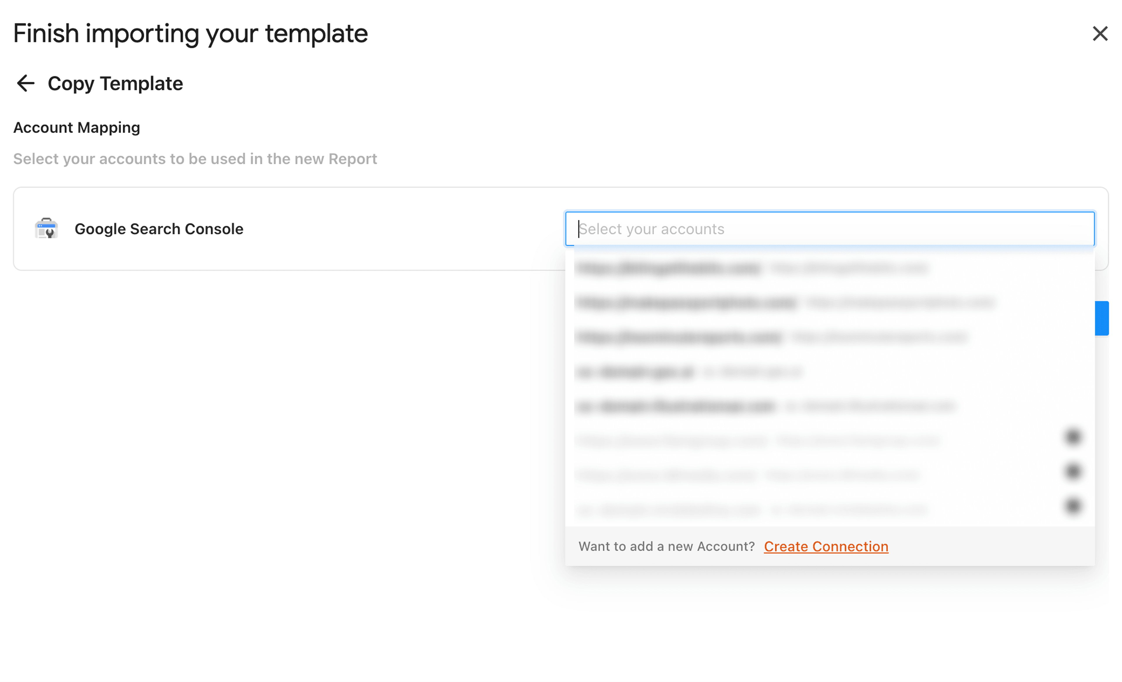 Choose the GSC accounts to import to the template