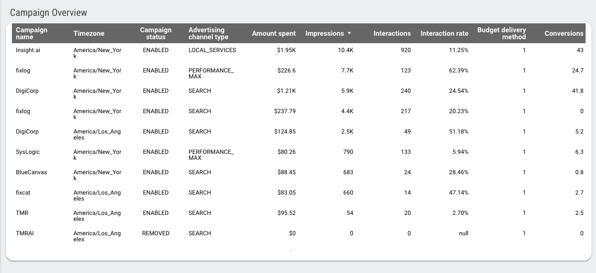 Google Ads Overview Dashboard