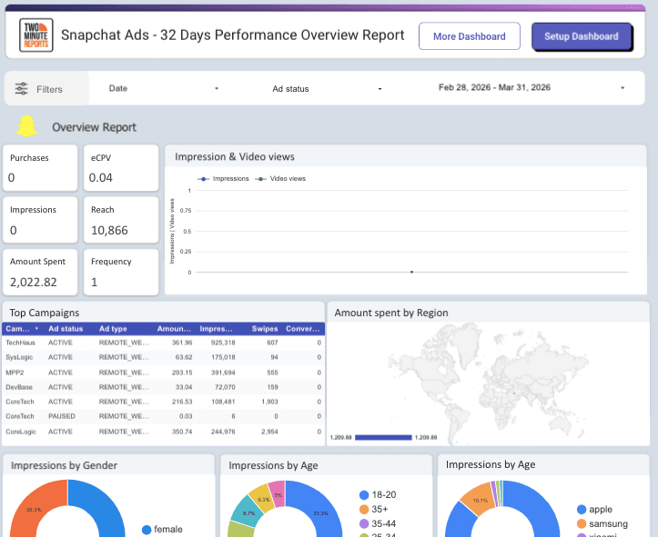 Snapchat Ads - 32 Days Performance Overview Report
