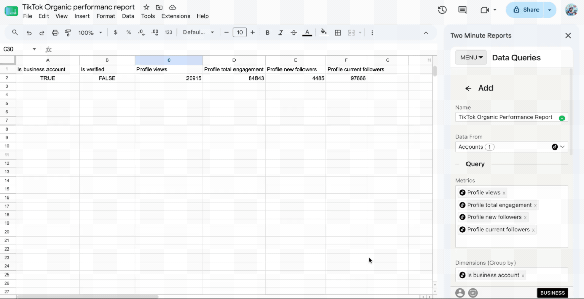 Visualize your TikTok Organic performance insights in Google Sheets using Two Minute Reports