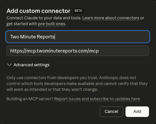 Specify connector name and enter the MCP URL