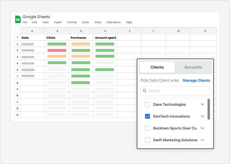 Client mapping interface showing multi-client data source organization