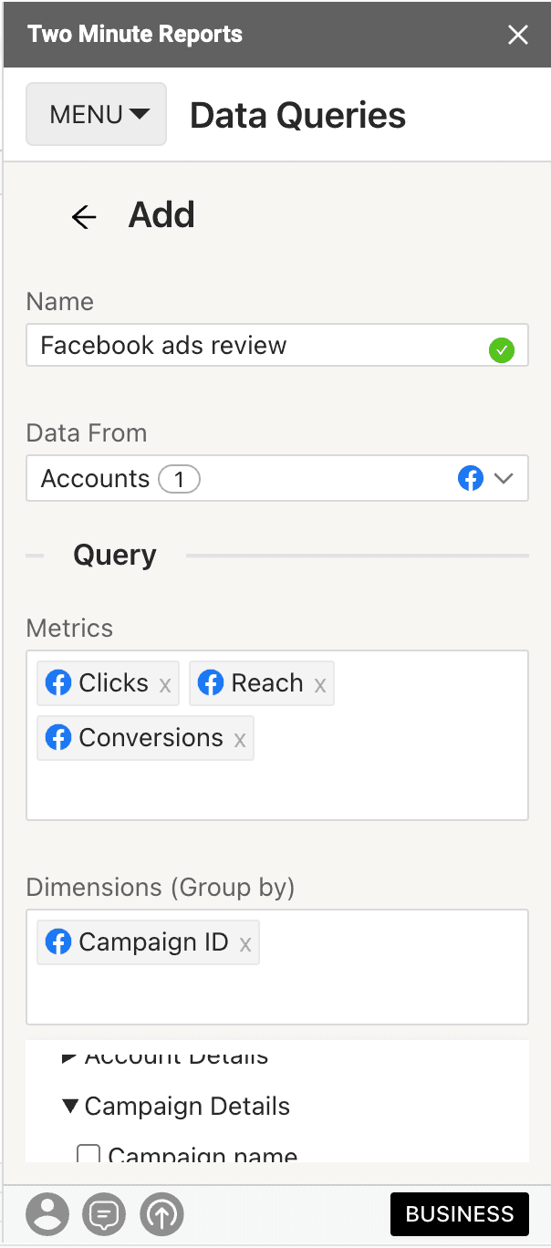Select Facebook Ads metrics and dimensions