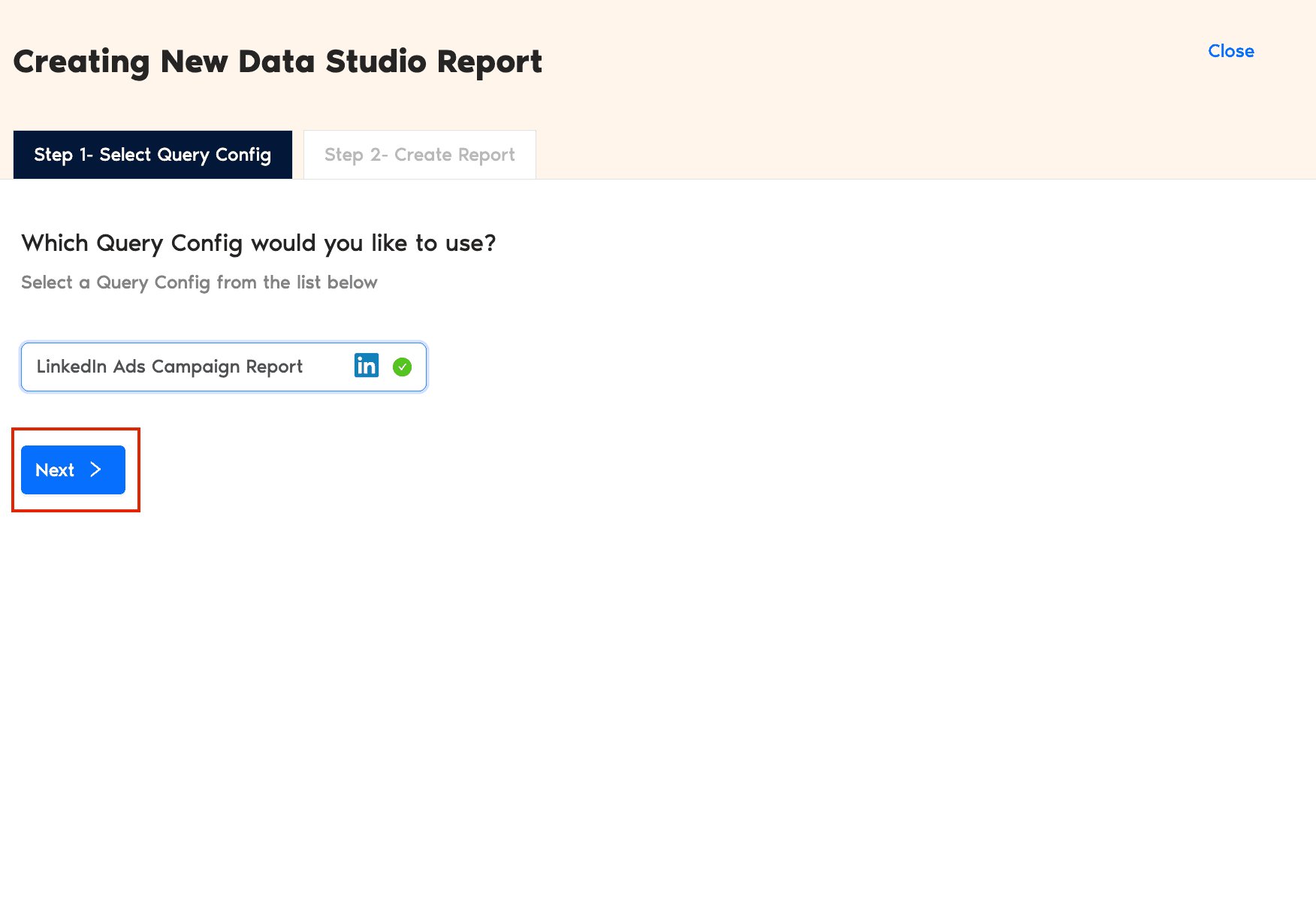Select the LinkedIn Ads Query Configuration