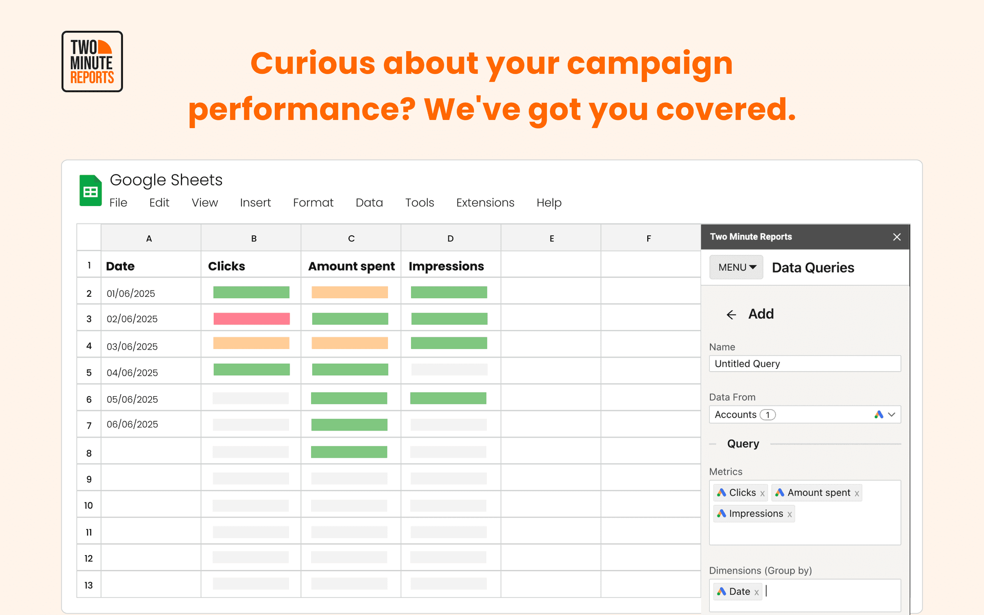 Reporting data in Google Sheets with Two Minute Reports add-on