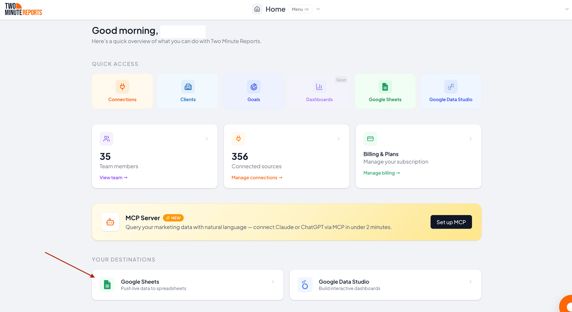 Click Google Sheets in the Hub homepage to install the Two Minute Reports add-on