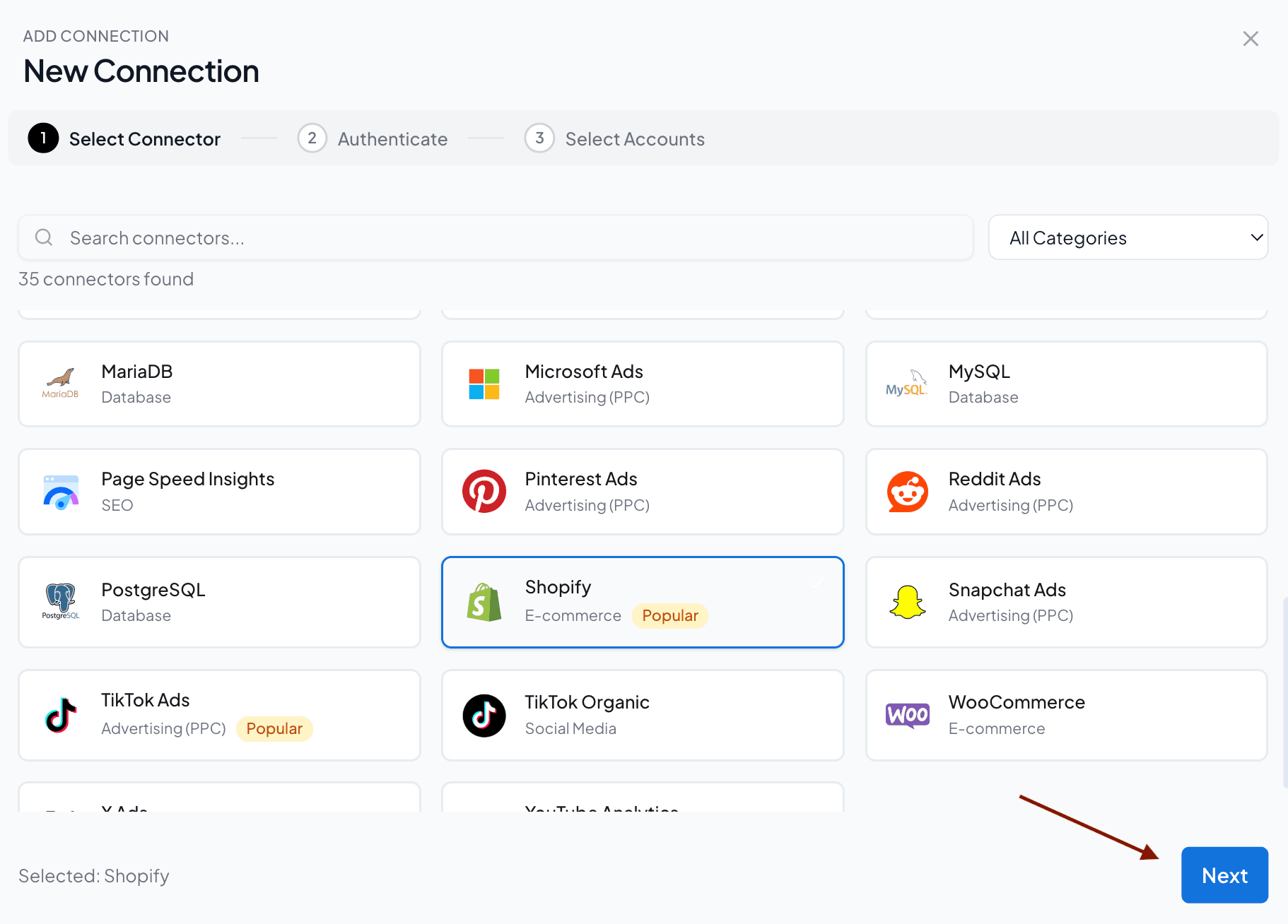 select Shopify from the list of options