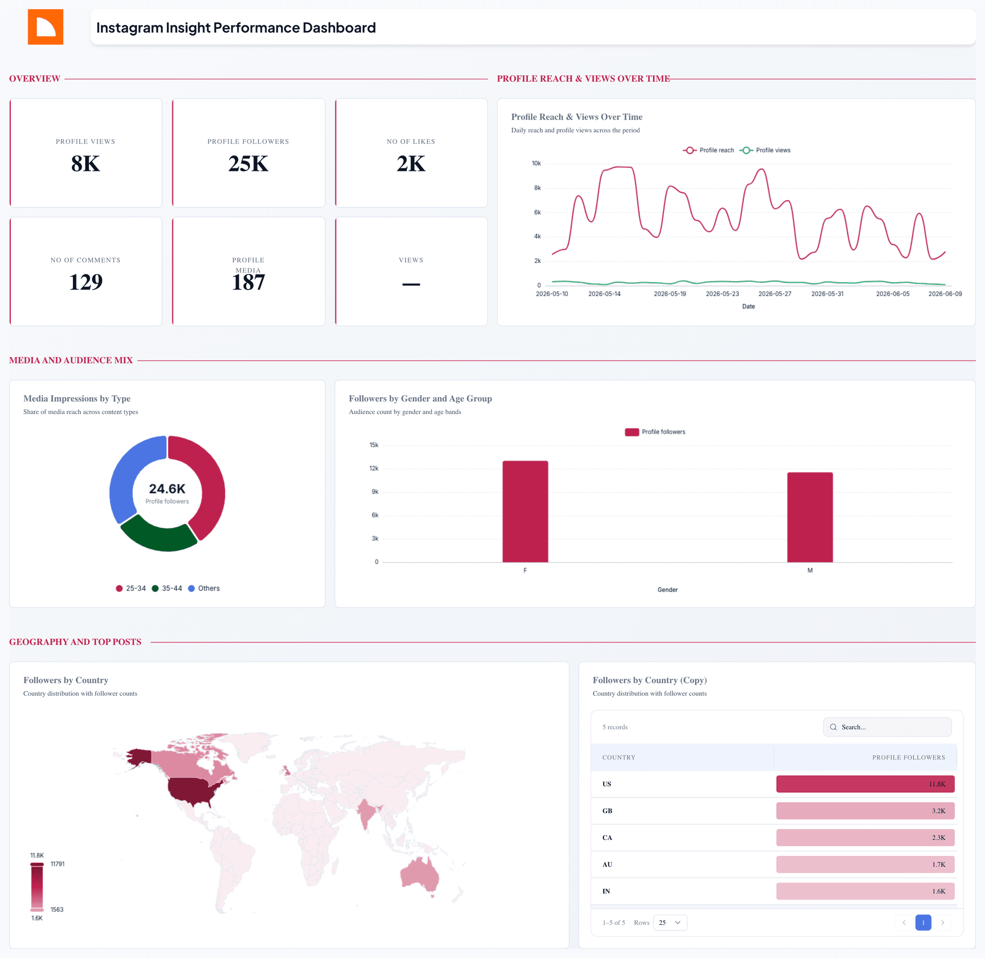 Instagram insight Performance Dashboard