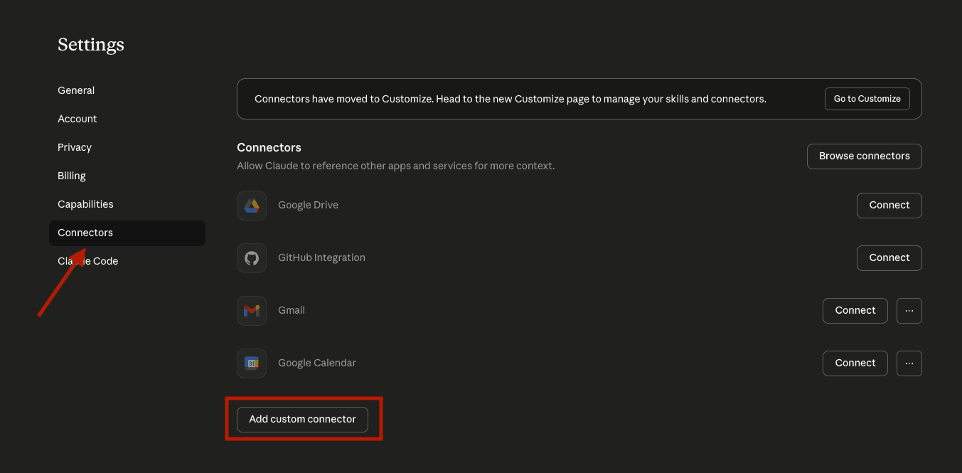 Go to connectors and click custom connector to add TMR MCP