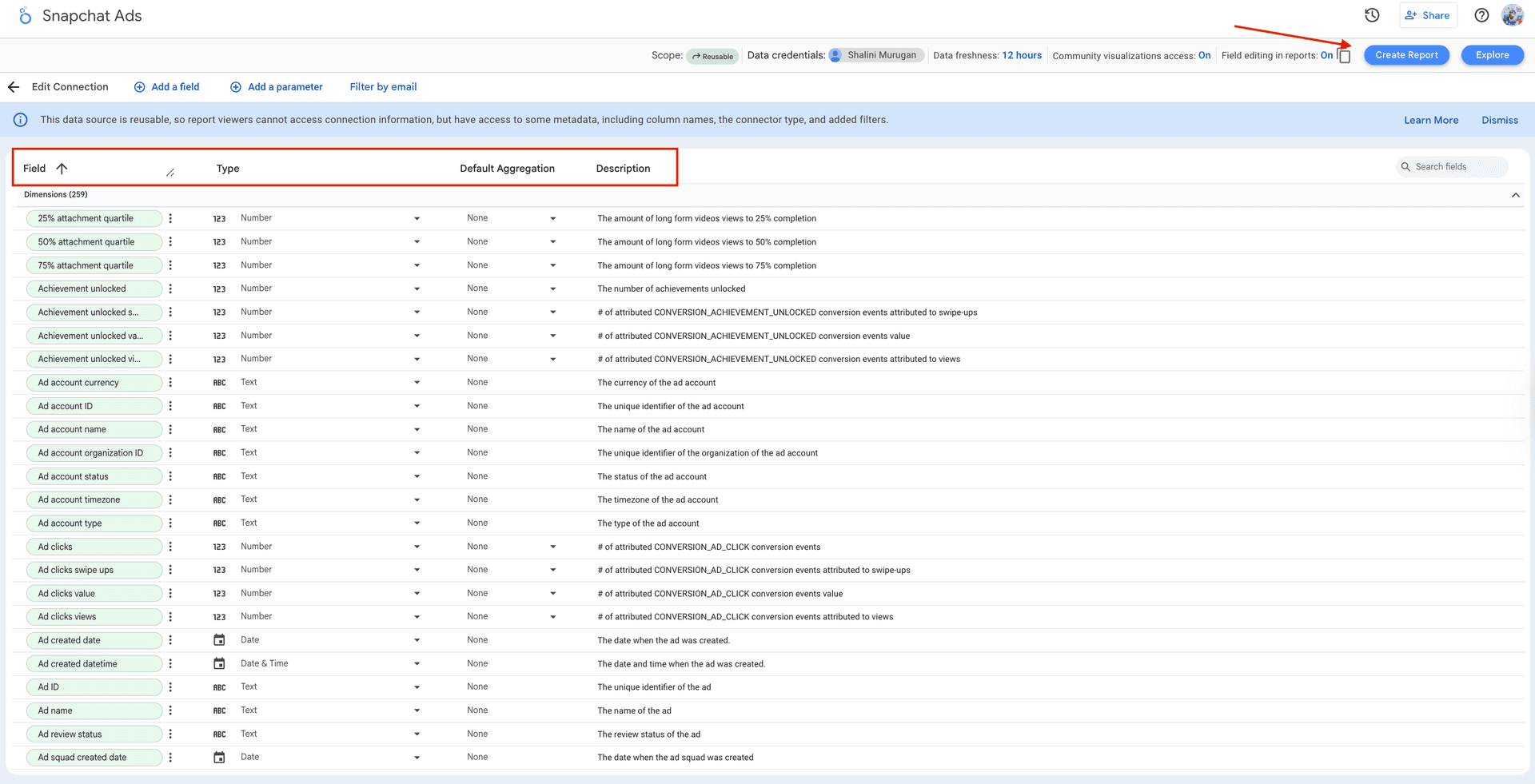 Select the LinkedIn Ads metrics and dimensions