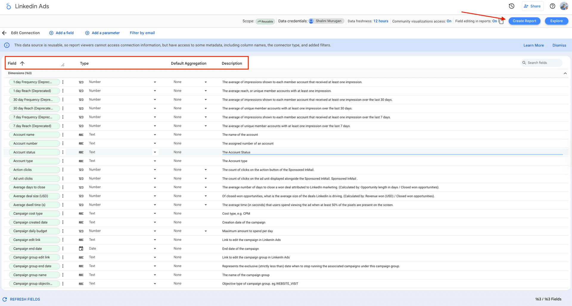 Select LinkedIn Ads metrics and dimensions