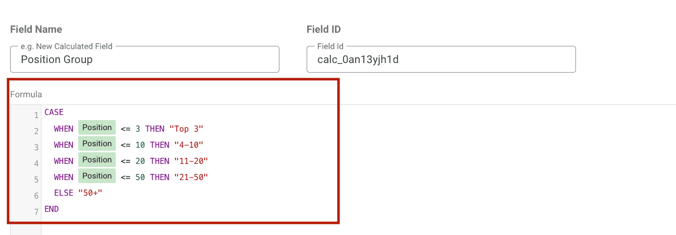 Case formula to create position group in Looker Studio