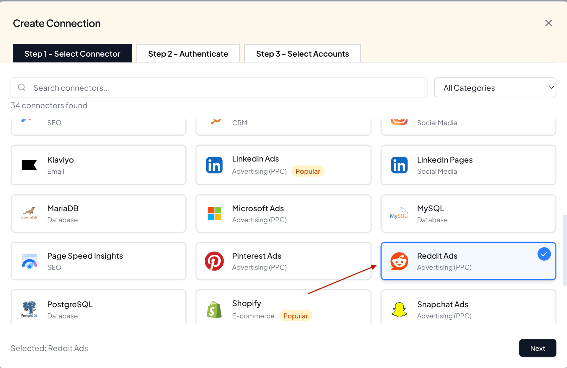 Select reddit ads to connect with Google Sheets via Two Minute Reports