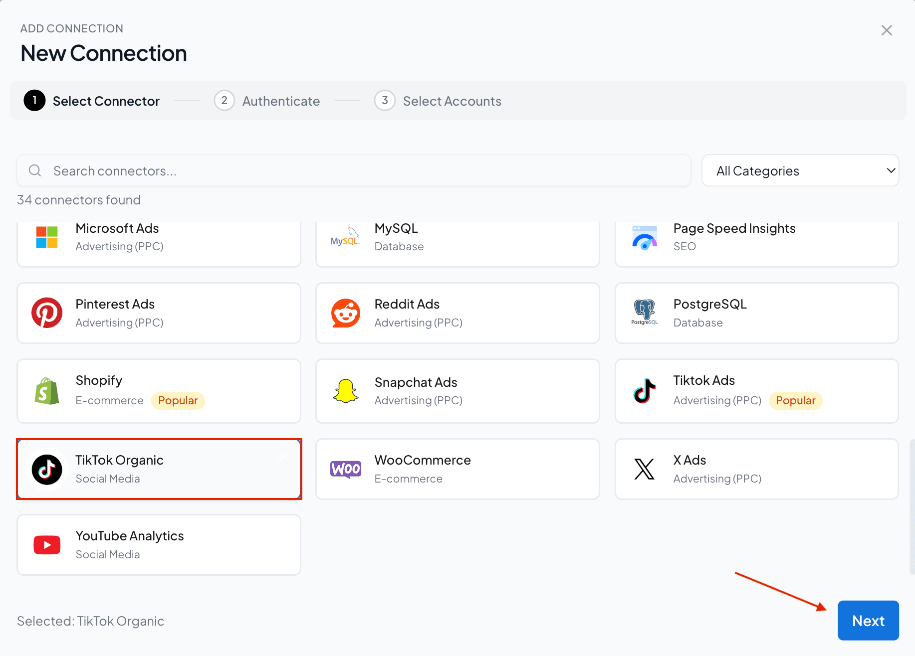 Select TikTok Organic connector from the list of options