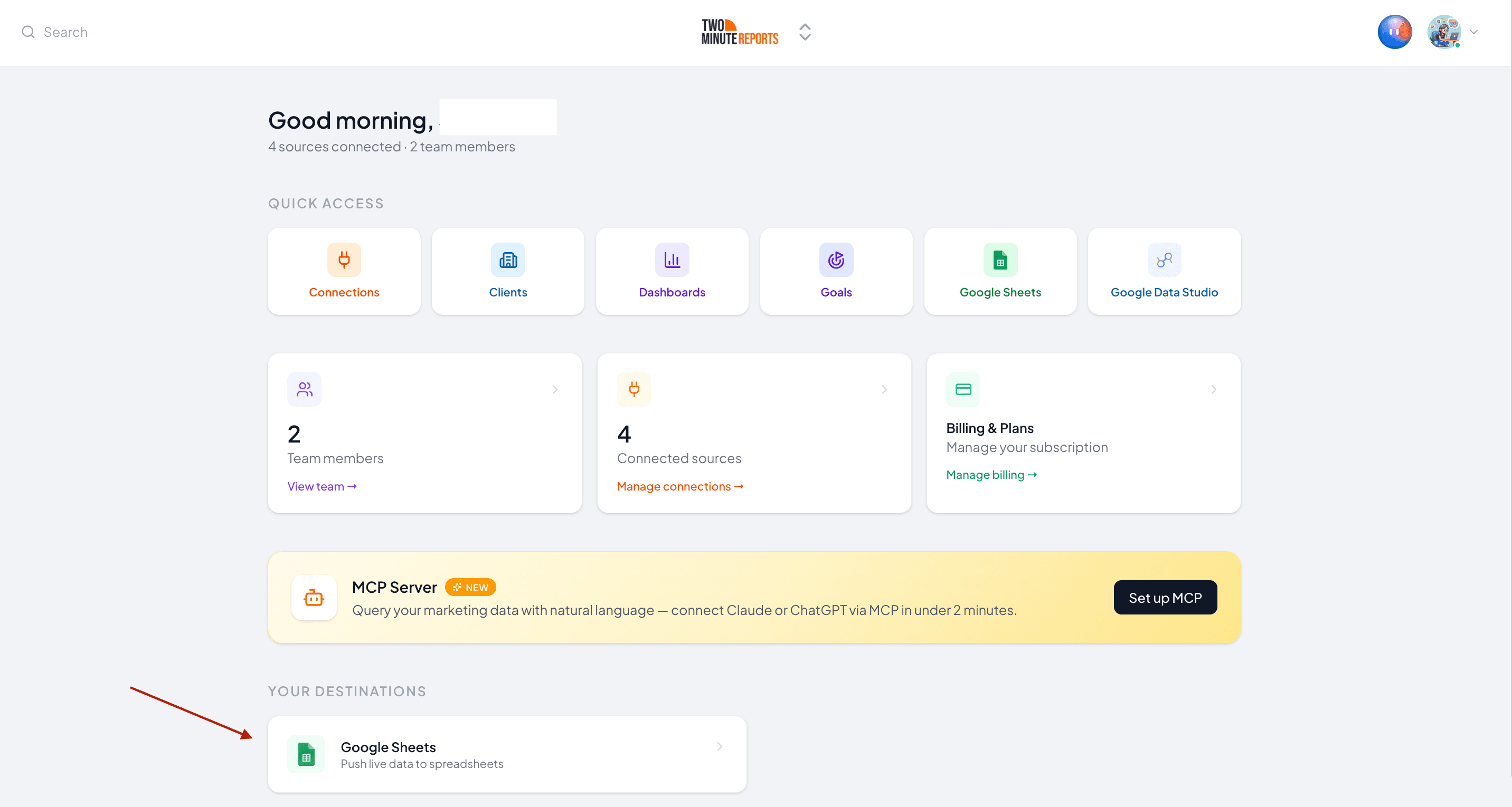 Select Google Sheets from the Two Minute Reports Hub Homepage