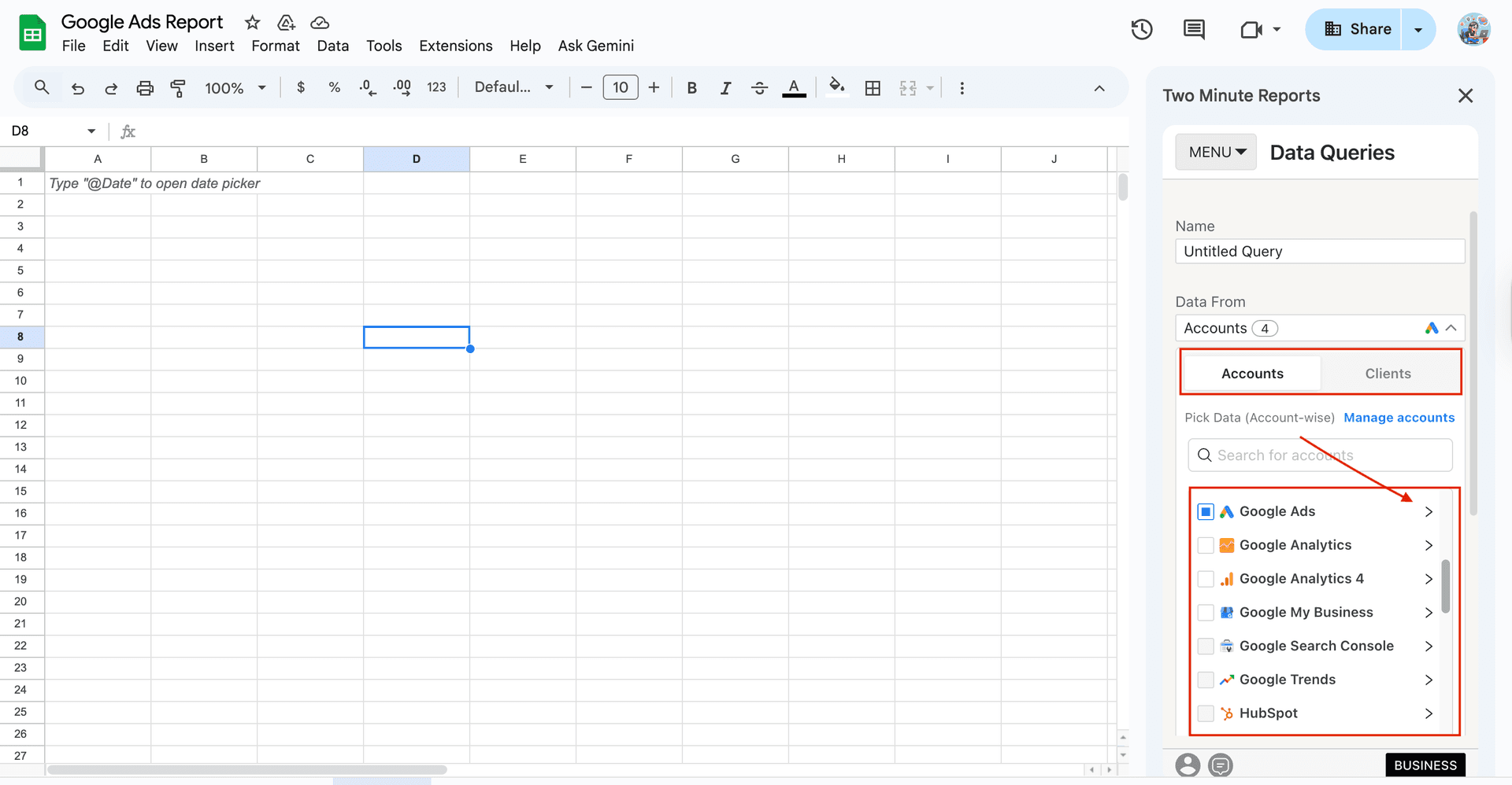 Select Google Ads accounts in the Two Minute Reports sidebar