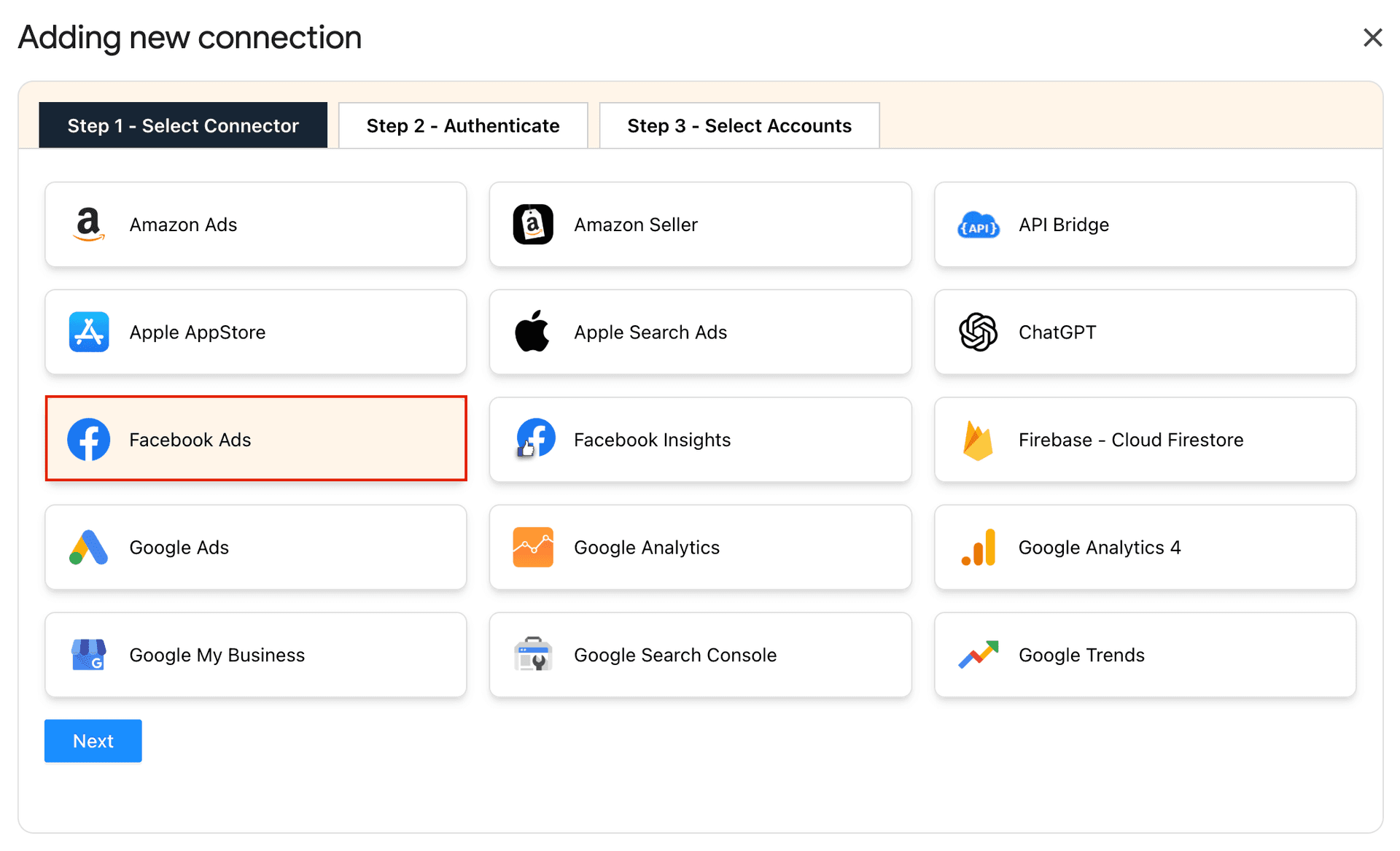 Select the Facebook Ads connector