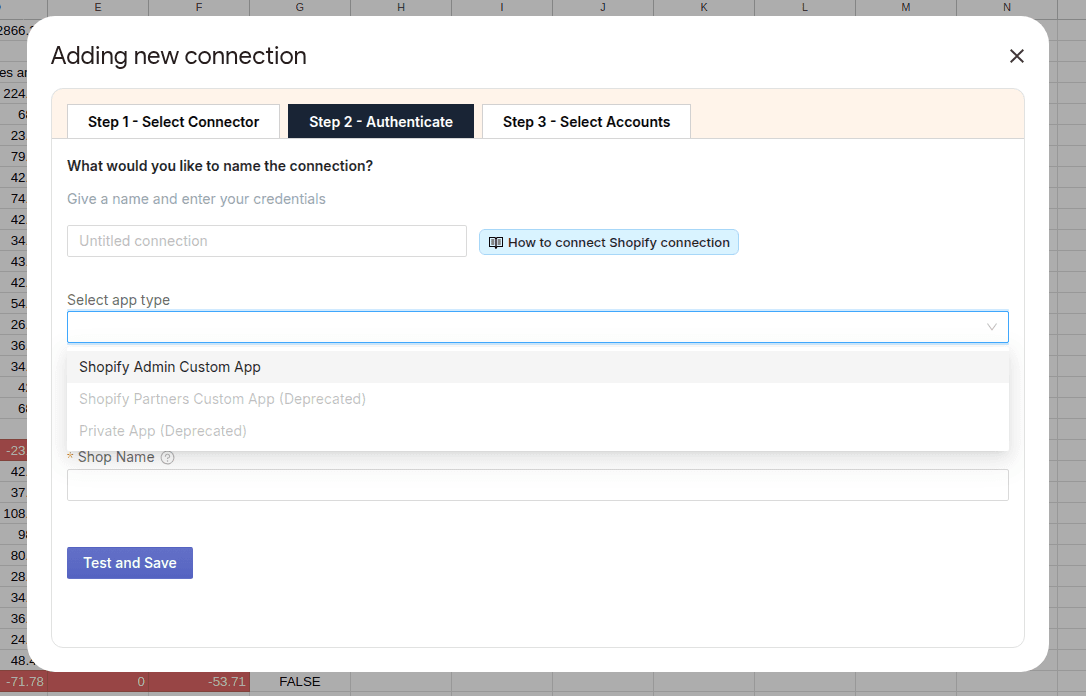 Shopify to Google Sheets Admin portal