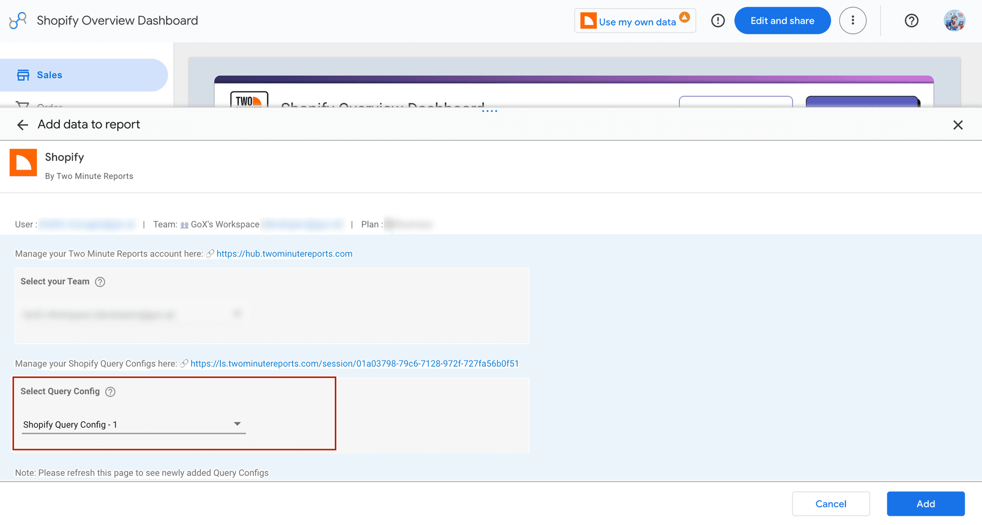 Select your team and query config to build dashboards in Data Studio