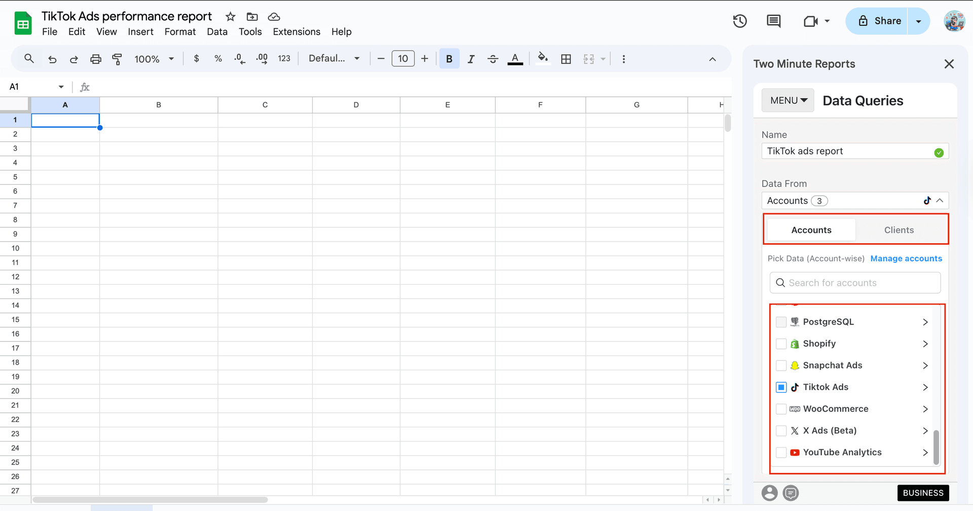 Select your TikTok Ads accounts to analyze performance