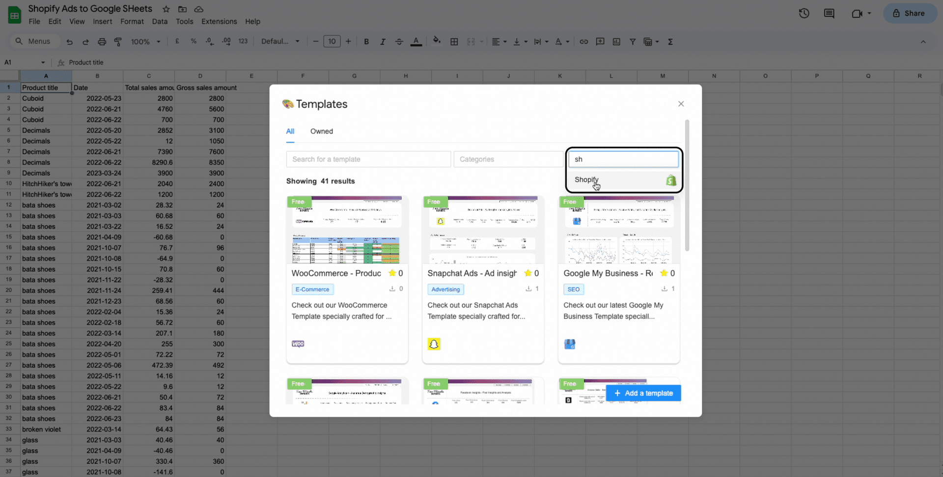 shopify to google sheets template gallery