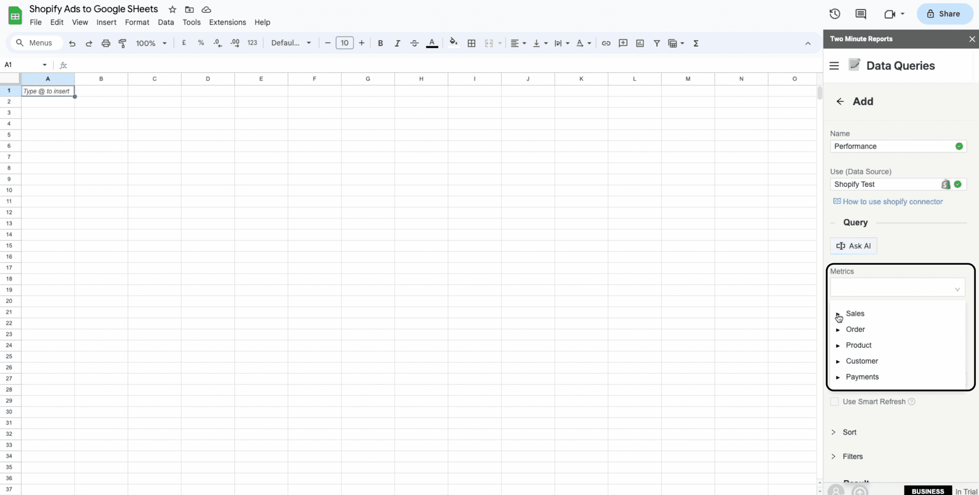 shopify to google sheets metrics