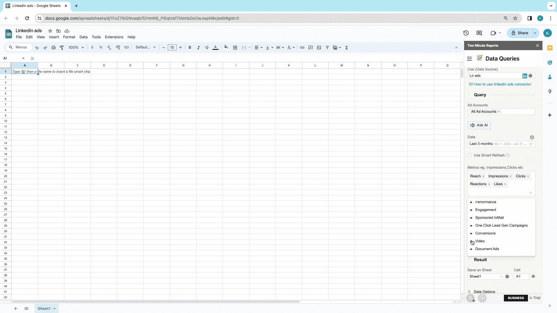 LinkedIn ads to google sheets choose metrics