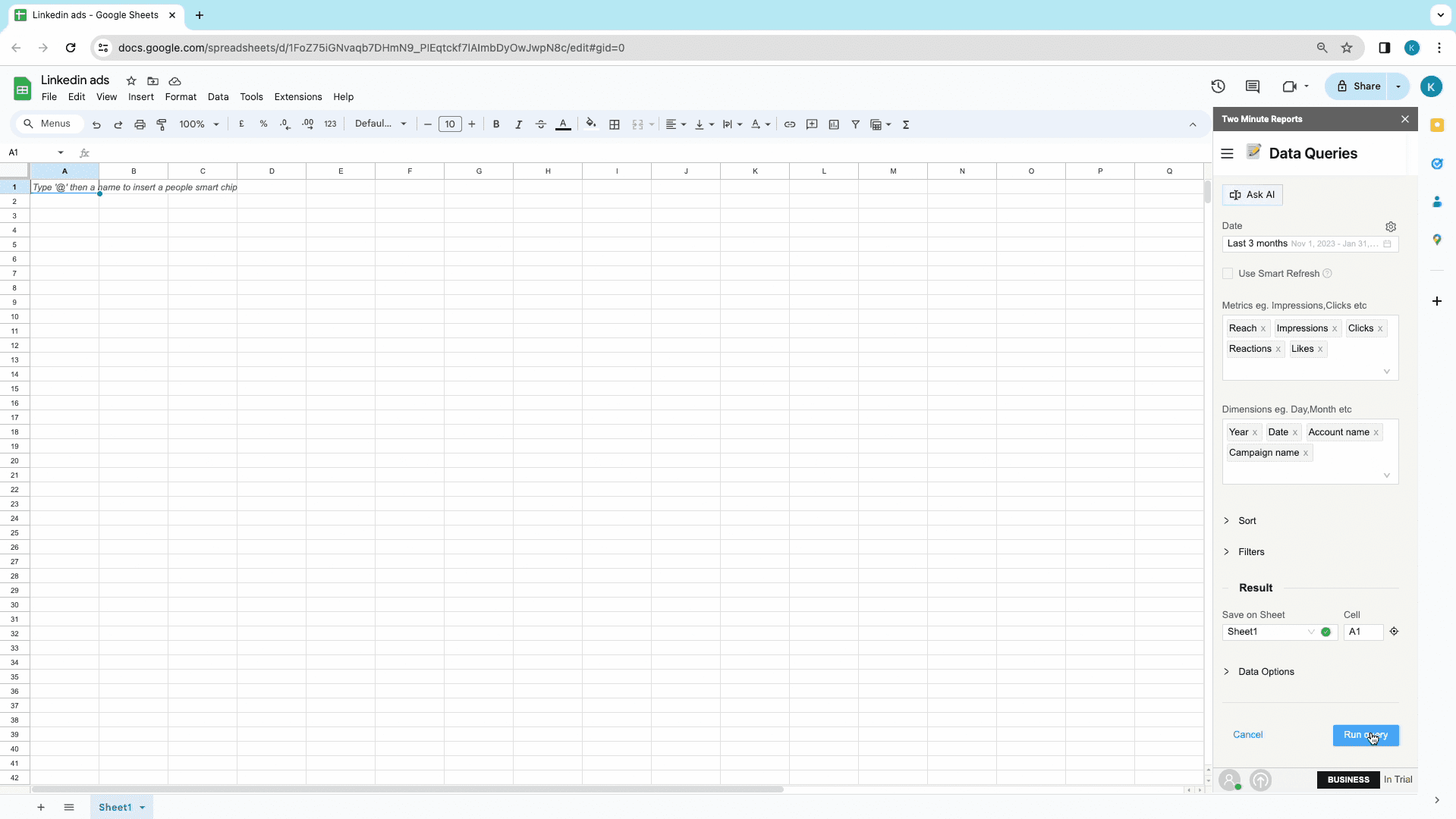 LinkedIn ads to google sheets run query