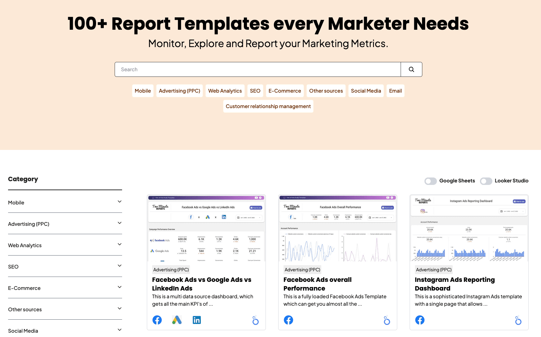 Two Minutes Reports reporting templates, Google Sheets, Looker Studio