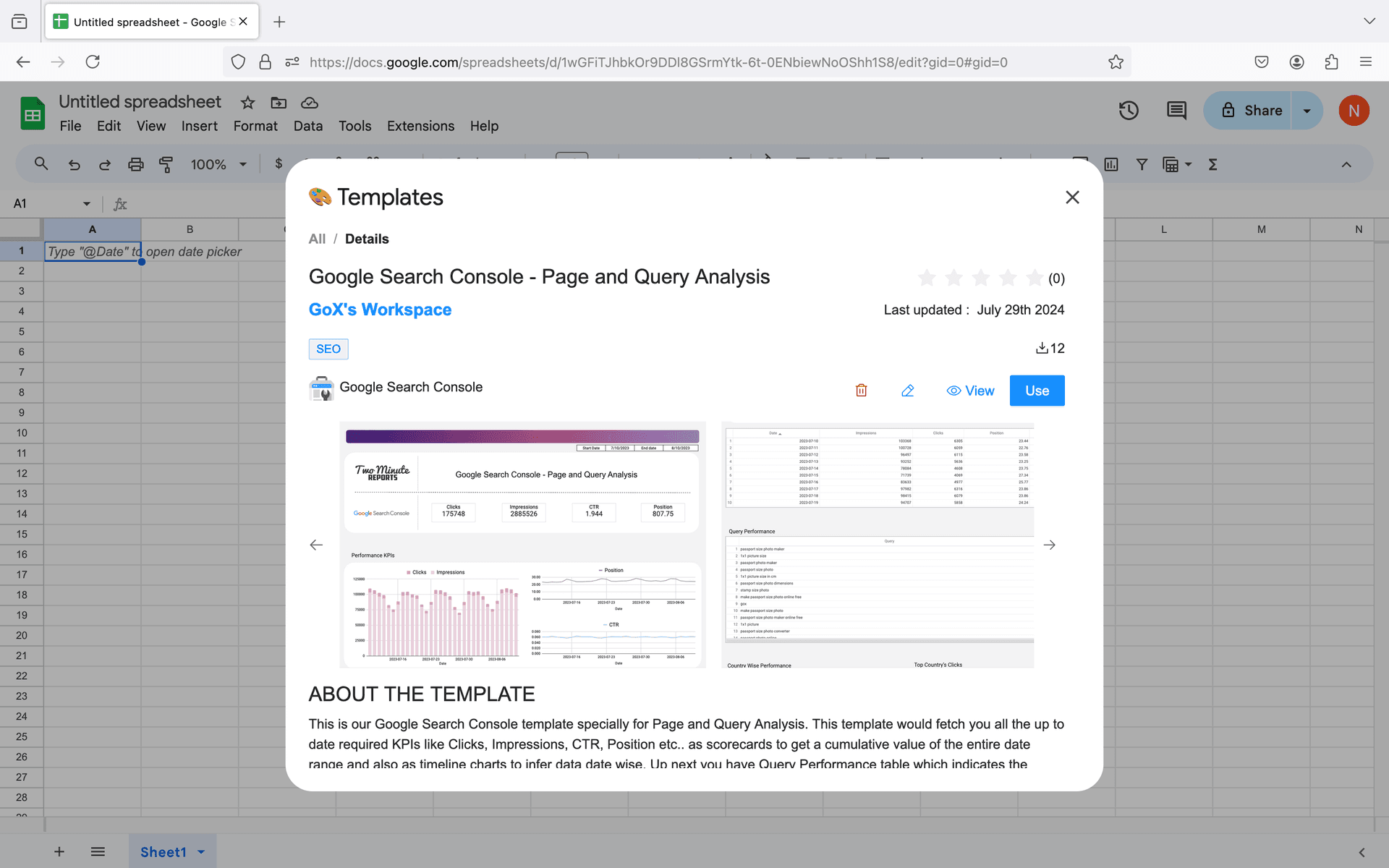 Google Search Console to Google Sheets template