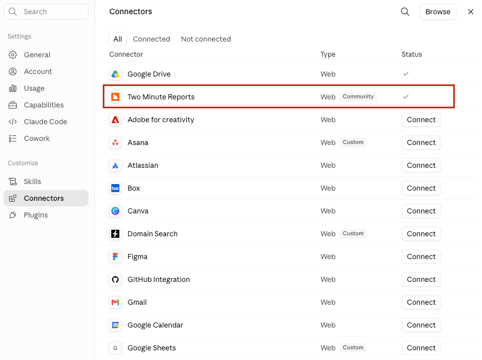 Select Two Minute Reports from the list of connectors