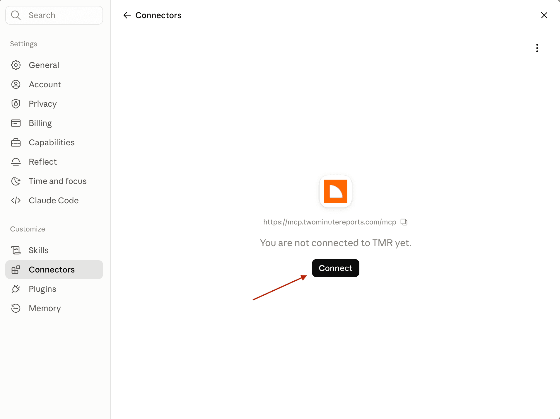 Click 'Connect' and sign in with the email linked to your Two Minute Reports account