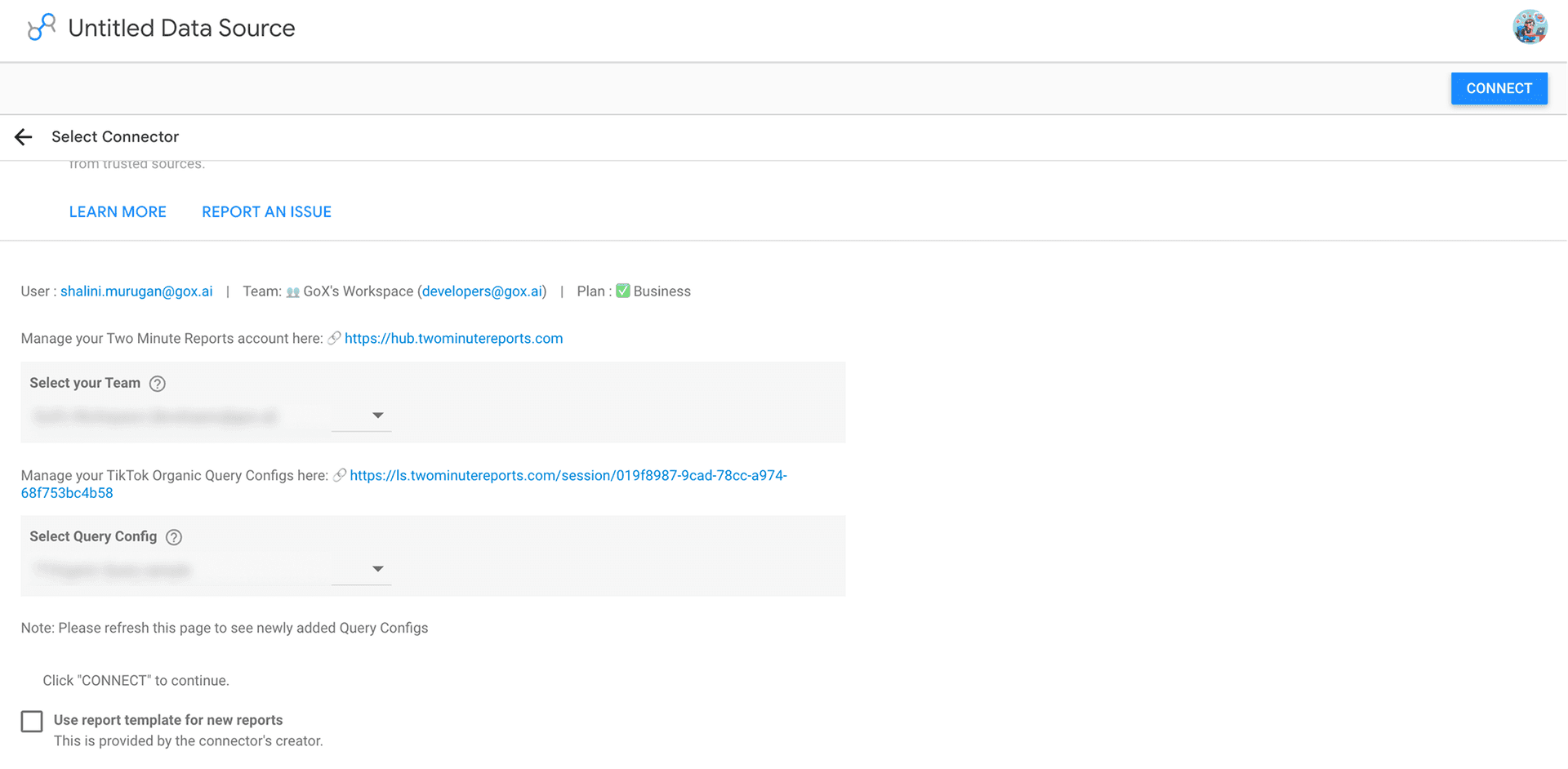 Select your team and your Query Config will automatically appear in the dropdown.