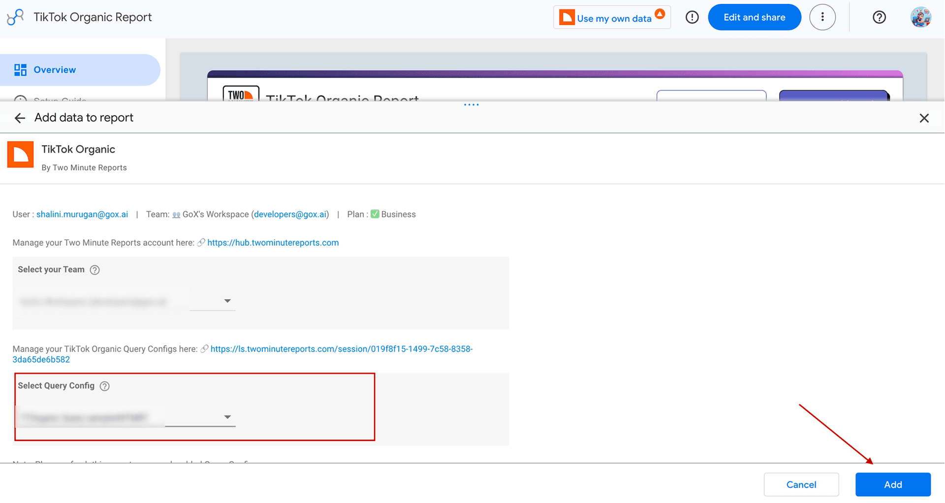 Select your team and your Query Config and your TikTok Organic data will automatically get populated in the Looker Studio template