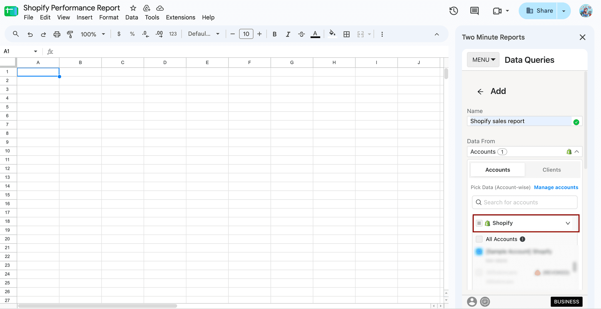 Choose the Shopify accounts from the accounts dropdown