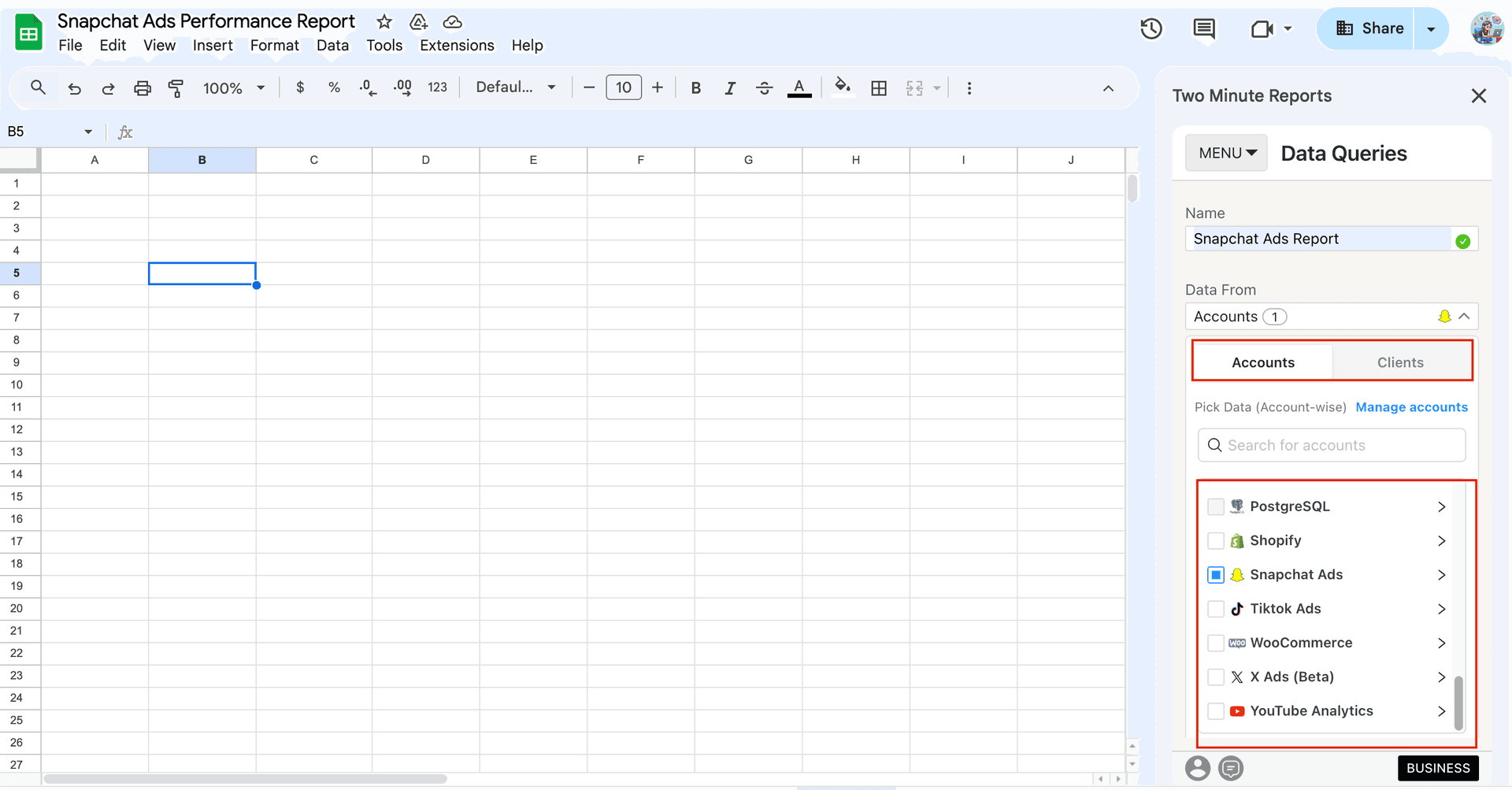 Select the respective Snapchat Ads accounts in Google Sheets