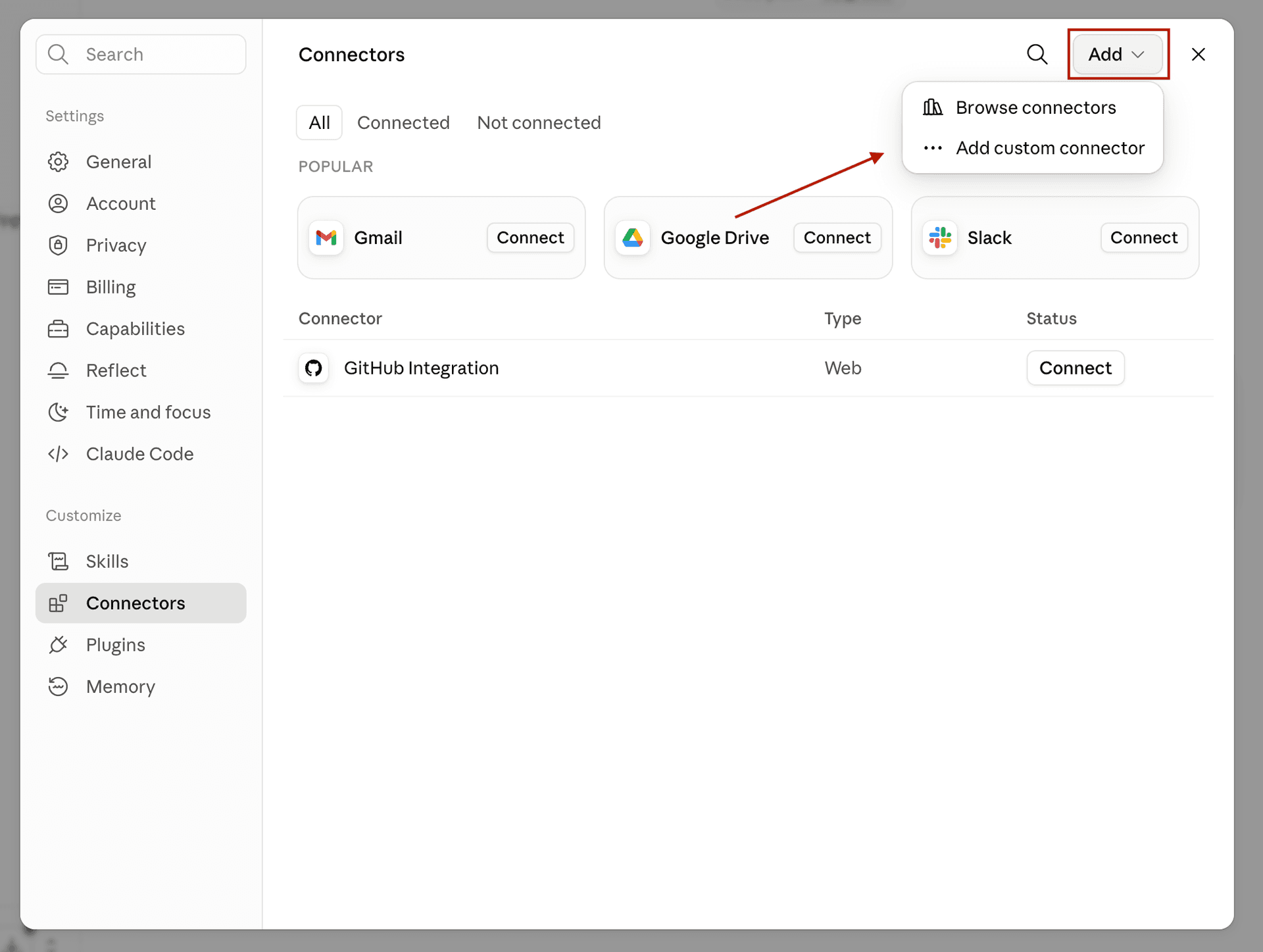Click 'Add custom connector' to connect Two Minute Reports MCP with Claude