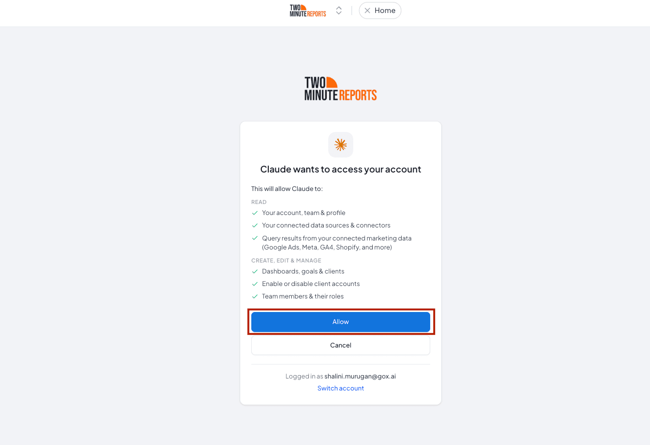 Click 'Allow' to enable Claude access your account