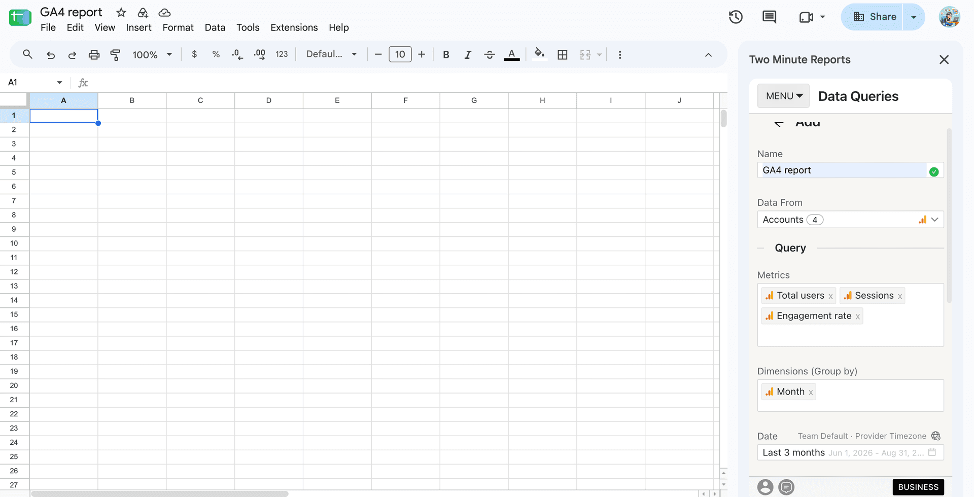 select GA4 metrics and dimensions from the sidebar