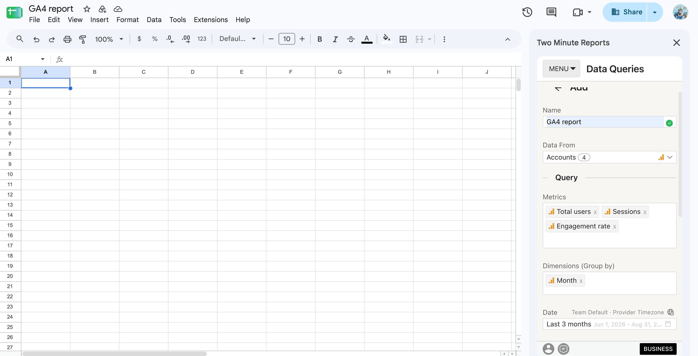 select GA4 metrics and dimensions from the sidebar