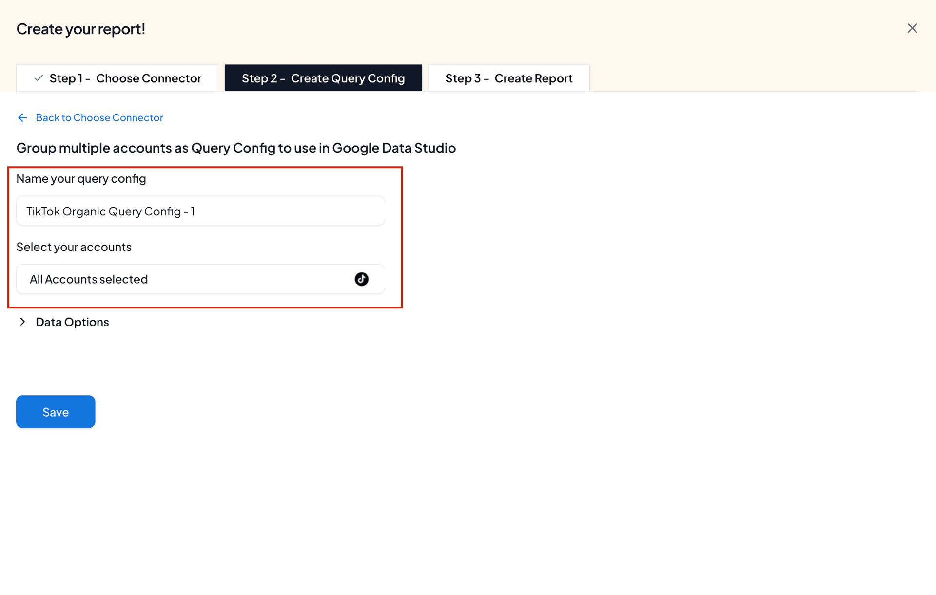 Name your query config and select the required TikTok Organic accounts