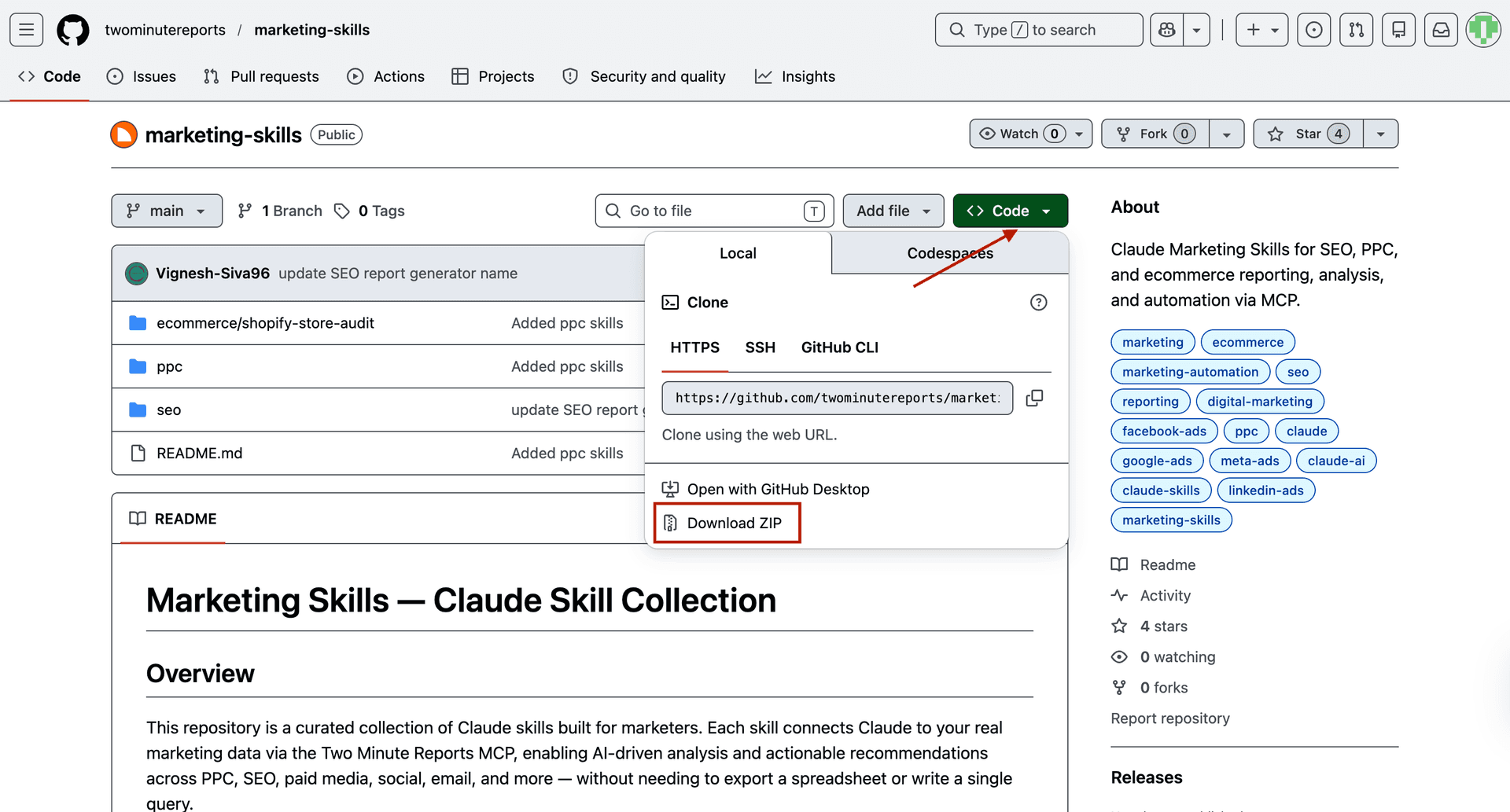 Download the Claude Marketing Skills via the ZIP Folder