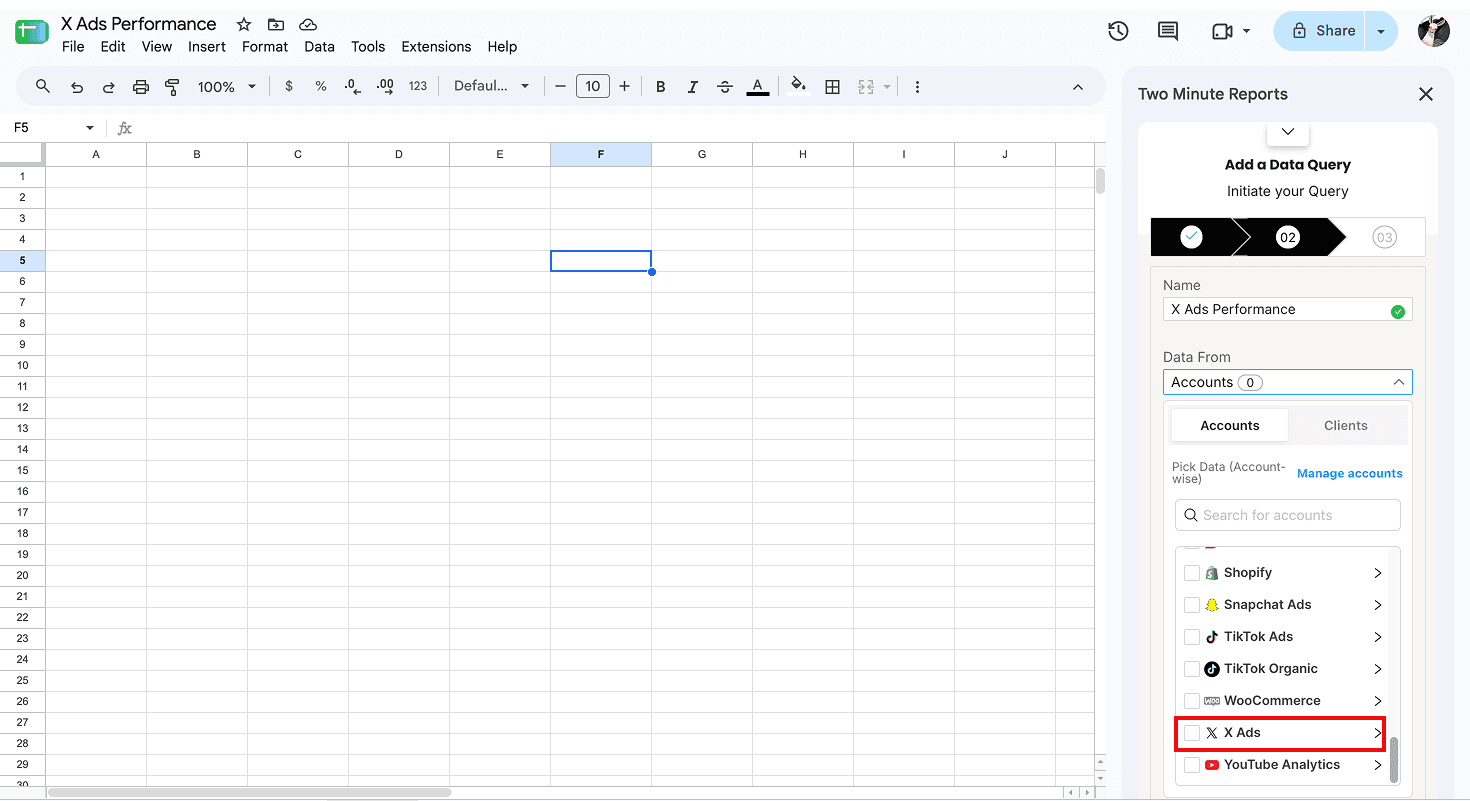 select the X ads accounts from the sidebar