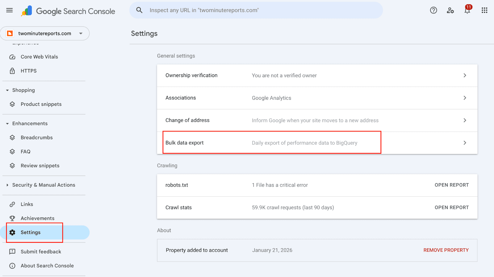Google search console bulk data export
