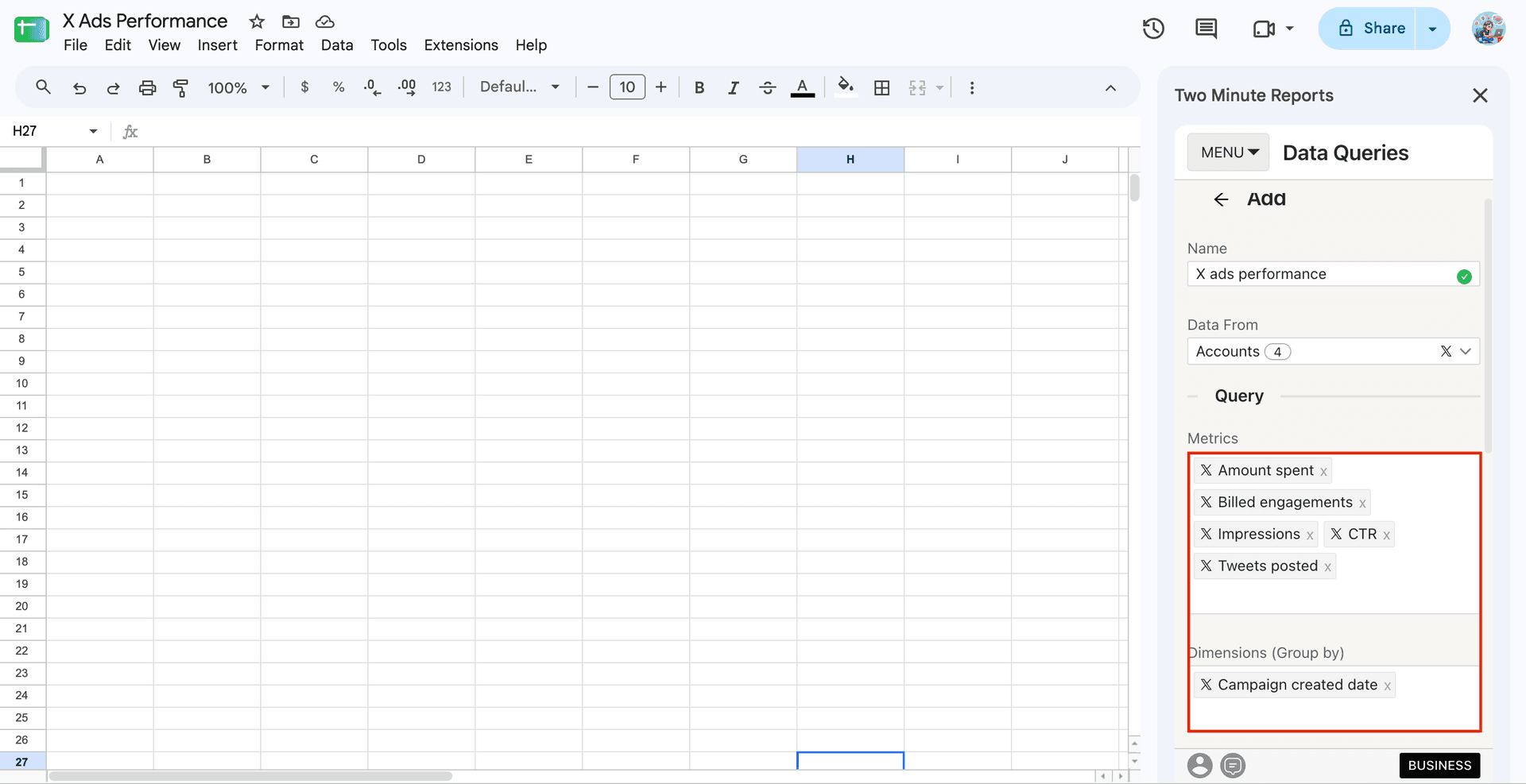 select the X ads metrics and dimensions to run the query