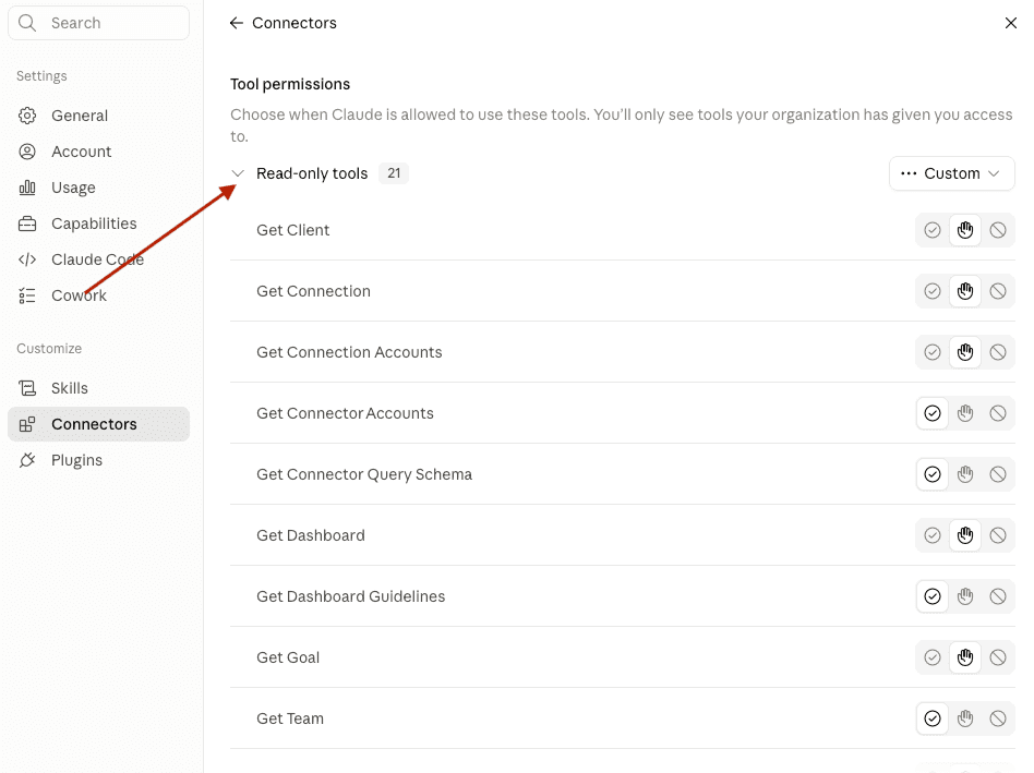 Configure the read and write permissions and decide the level of access for Claude