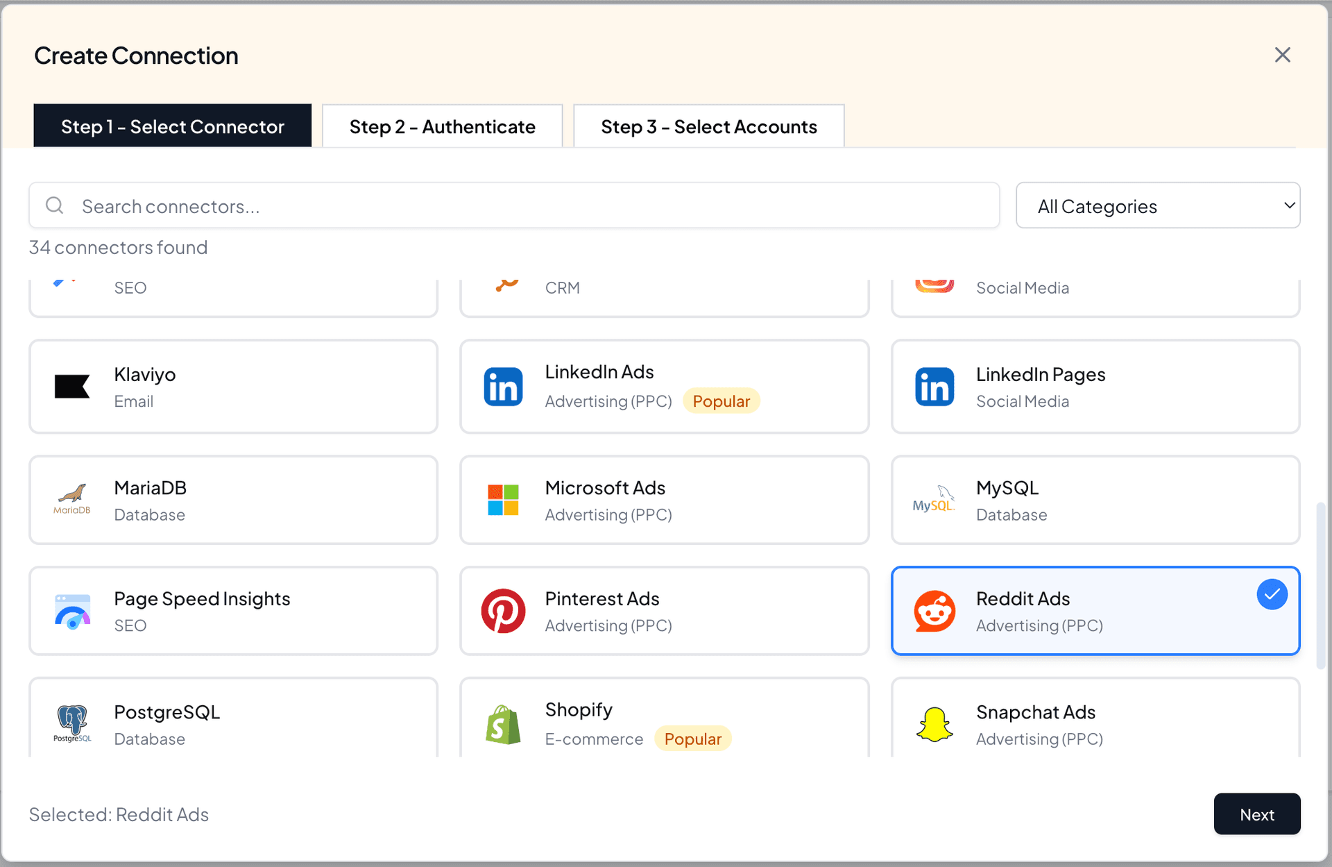 Select reddit ads to connect and sync ad accounts with Two Minute Reports